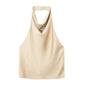 ASDS Women Fashion Satin Flowing Halterneck Tank Tops Sexy Backless With Button Female Camis Mujer