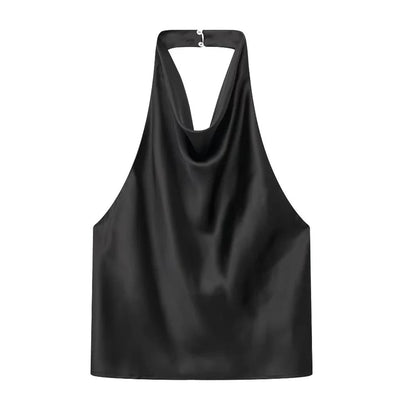 ASDS Women Fashion Satin Flowing Halterneck Tank Tops Sexy Backless With Button Female Camis Mujer