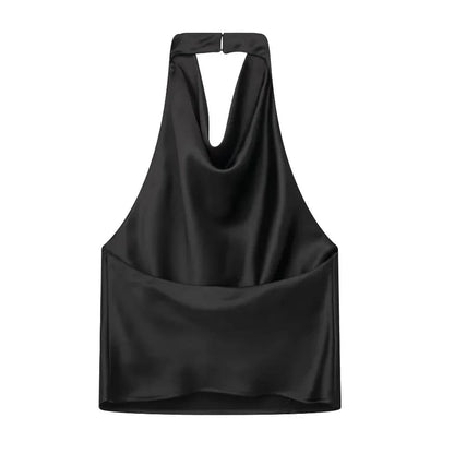 ASDS Women Fashion Satin Flowing Halterneck Tank Tops Sexy Backless With Button Female Camis Mujer