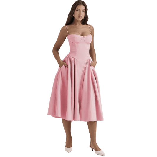 Sexy Solid Pleated Hem Sling Dress Women Fashion Midi Sleeveless Backless Dresses Female 2024 Summer Party Evening A-line Robes