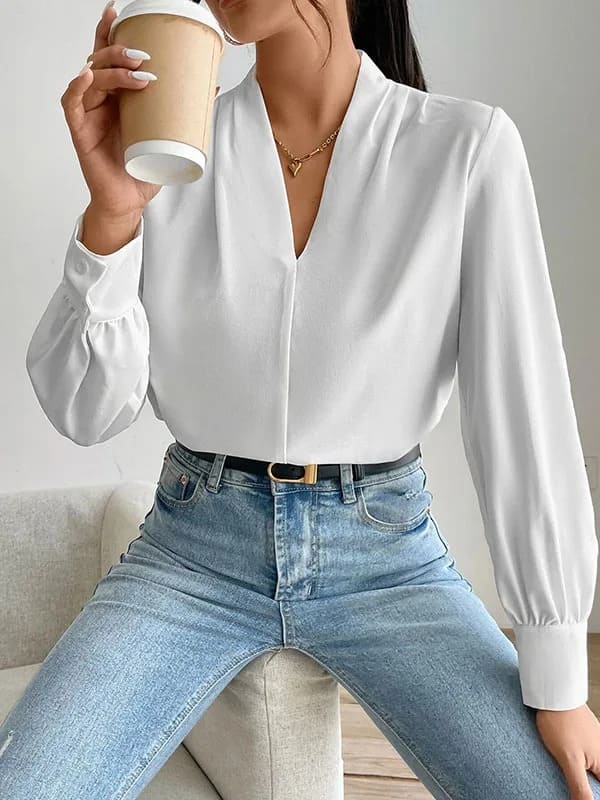 Krismile Women Casual White Shirts & Blouses Long Sleeves Loose Pleated Split-Joint V-Neck Blouses Blusas Elegante Feminina Tops