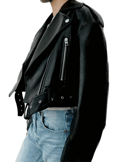 Ailegogo Spring Autumn Women Faux Pu Leather Short Jacket with Belt Motorcycle Biker Female Zipper Lapel Loose Coat Outwear