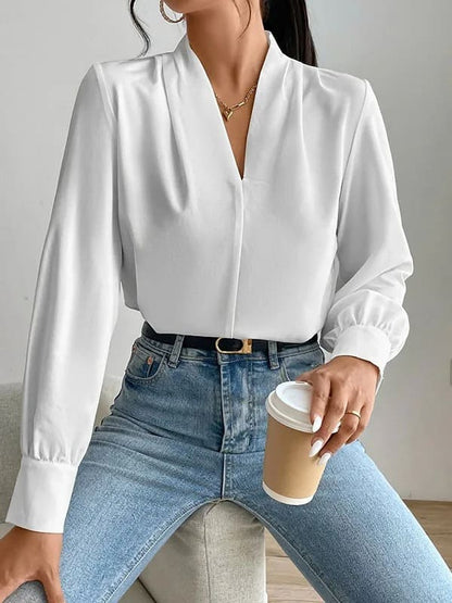 Krismile Women Casual White Shirts & Blouses Long Sleeves Loose Pleated Split-Joint V-Neck Blouses Blusas Elegante Feminina Tops