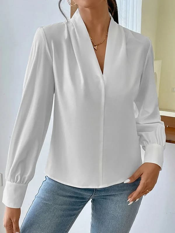 Krismile Women Casual White Shirts & Blouses Long Sleeves Loose Pleated Split-Joint V-Neck Blouses Blusas Elegante Feminina Tops