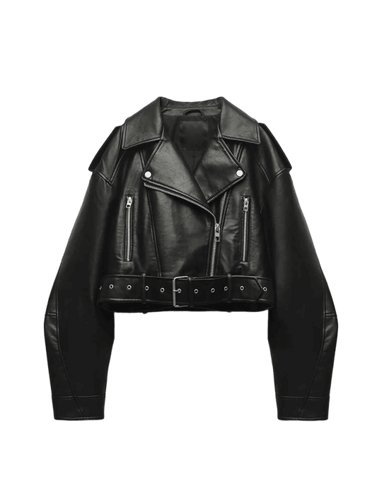 Ailegogo Spring Autumn Women Faux Pu Leather Short Jacket with Belt Motorcycle Biker Female Zipper Lapel Loose Coat Outwear