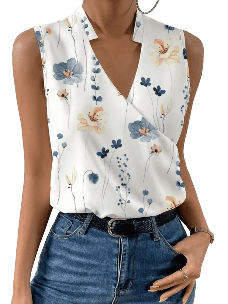 Fashion V-neck Sleeveless Print Women Tops And Blouses 2023 Summer Casual White Tank Top Femme Shirt Blouse